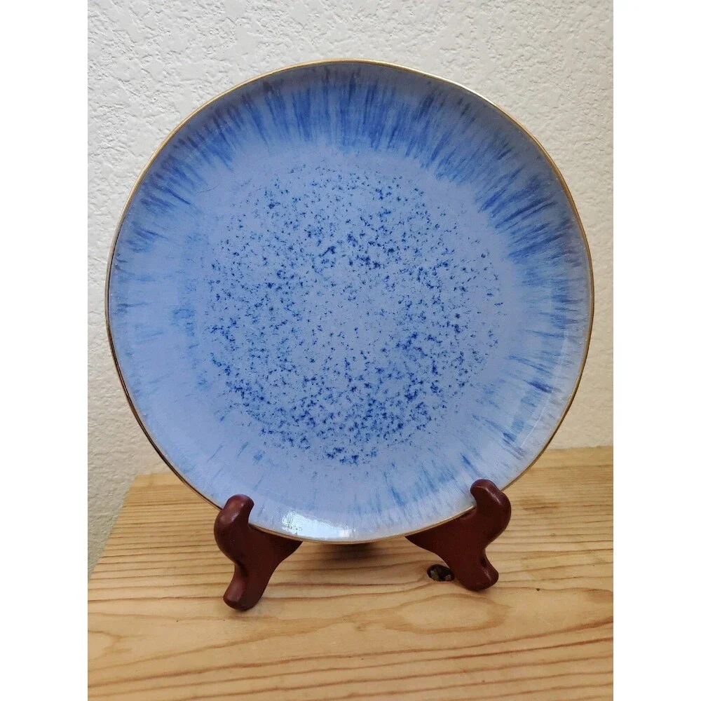 Anthropologie Plate Blue Speckled Gold Rim Dessert Salad Lunch Party Luxury 9